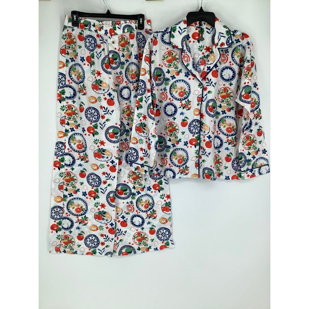 Anthropologie Women's Small Ivory Printed LyreBird Cloud Long PJ Set K16-7 - Picture 2 of 8